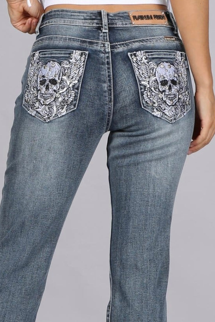 Skull Roses Bling Boot Cut Jean