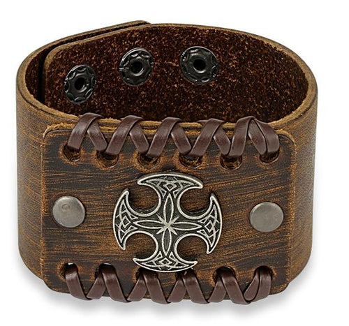 Center Celtic Cross Adjustable Leather Bracelet